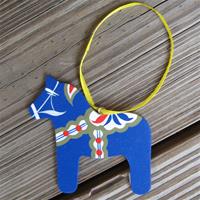 blue Dala horse ornament, wood, 3" x 3"  hand painted in Sweden