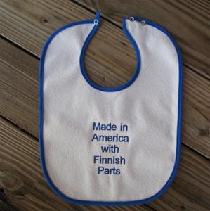 Baby bib "Made in America with Finnish Parts" embroidered terrycloth 11" x 15"