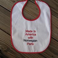Baby bib "Made in America with Norwegian Parts"  embroidered terrycloth  11" 15"