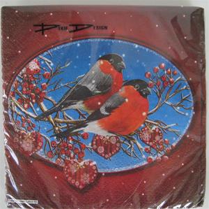 Christmas beverage napkins with "Domherrar (Bullfinches) on blue/red background, Pixie design, 3-ply, 20/pkg