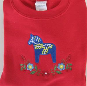 Sweatshirt, red, with embroidered blue Dalahorse, size: Medium