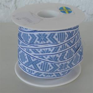 White ribbon with light blue pattern sold by yard