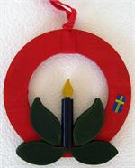 Blue candle in red ring hanger, 5" diameter, painted wood, Sweden